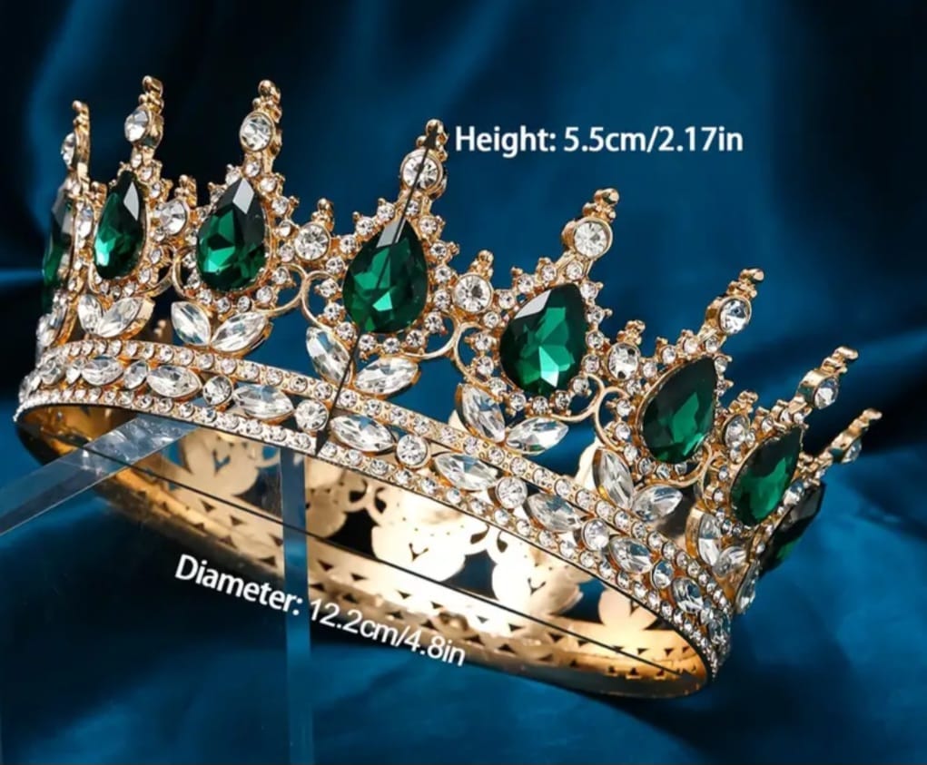 Coronita decorativa, 12 cm, Stras Verde , Metal auriu
