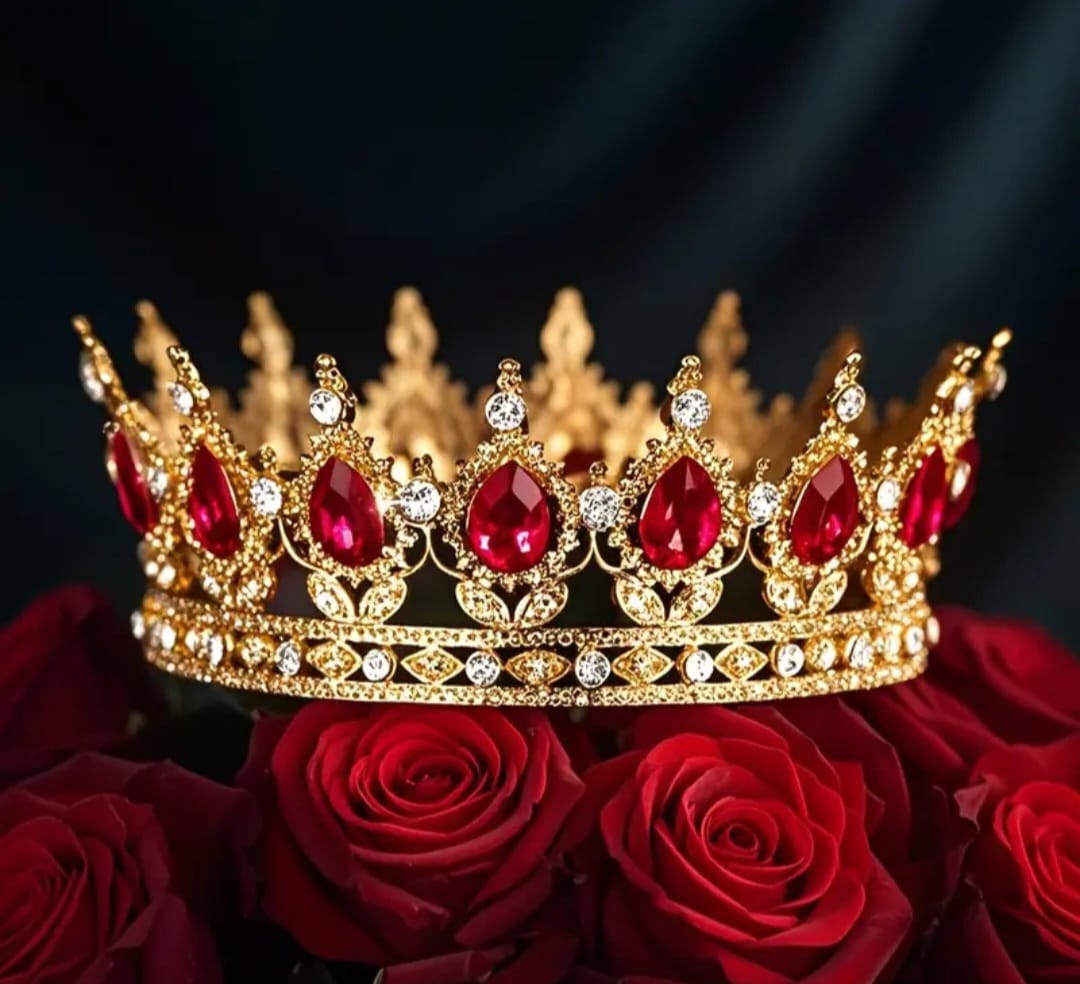 Coronita decorativa, 12 cm, Stras Rosu , Metal auriu