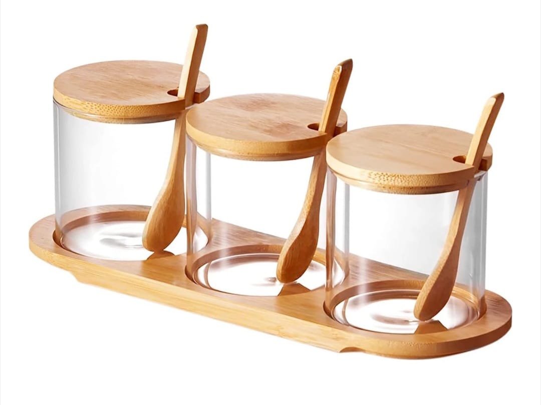 Recipiente condimente sticla cu linguriuta, 3 pc
