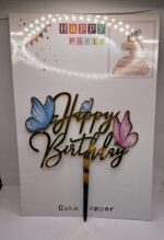Toper HAPPY BIRTHDAY, Auriu, Fluture, roz albastru