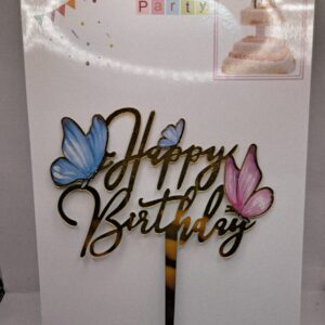 Toper HAPPY BIRTHDAY, Auriu, Fluture, roz albastru
