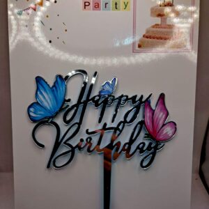 Toper HAPPY BIRTHDAY, Argintiu, Fluture, roz albastru